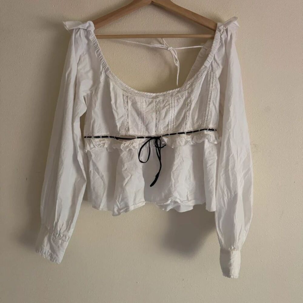 Free People White Lace Peplum Blouse Black Ribbon Coquette Prairie Flawed